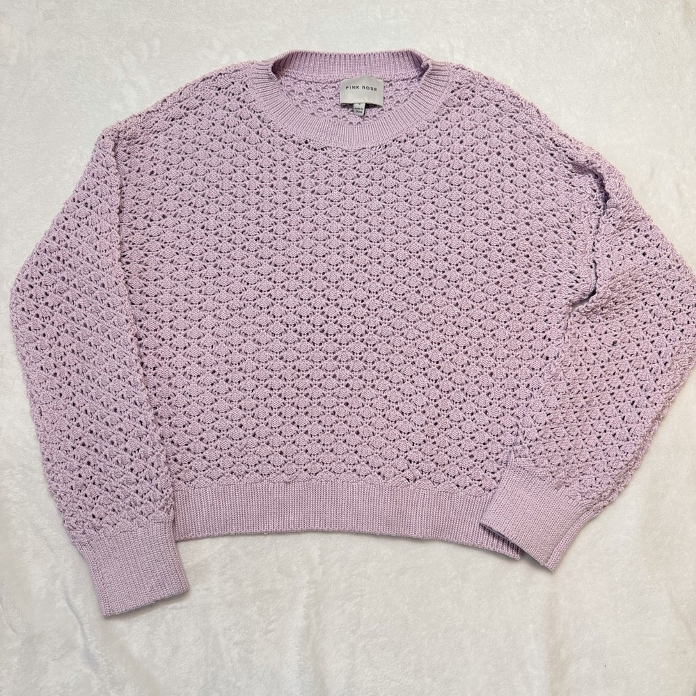 Pink Rose Crochet Style Sweater Size Small Cozy Pullover Lavender See Through